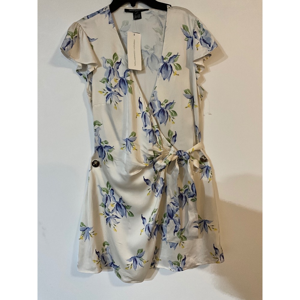 French Connection Women Floral Wrap Dress Blue White Flutter Sleeve Size 8 NEW